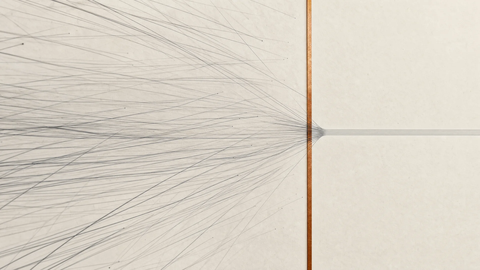 Graphite operational lines converging through a copper authority boundary into one production path