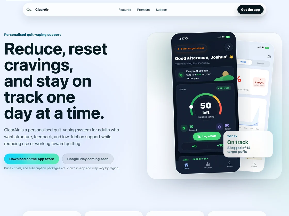 ClearAir mobile quit-vaping product showing daily puff targets, one-tap logging and on-track progress