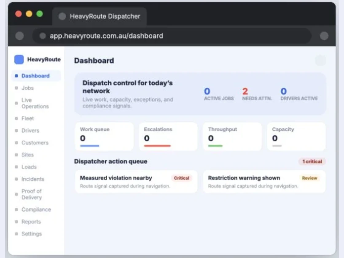 HeavyRoute dispatcher product interface showing fleet operations and compliance signals