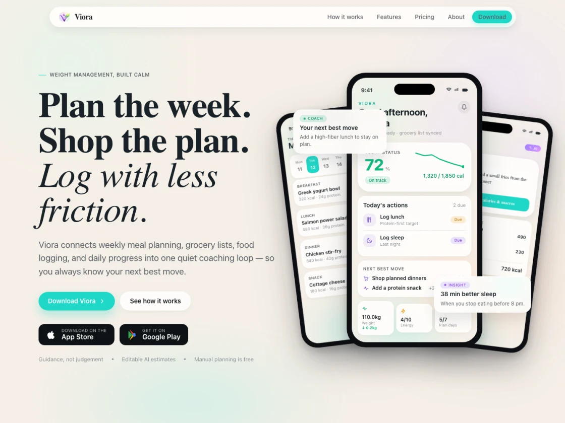 Viora mobile weight-management product showing weekly planning, daily coaching and editable food logging